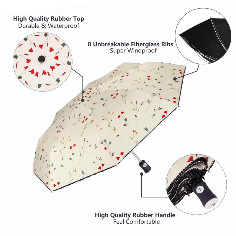 Cuby Travel Umbrella Compact Folding Auto Open and Close for Windproof, Rainproof & 99.9% UV Sun Protection Parasol with Black Anti-UV Coating (Flowers) - Image 3